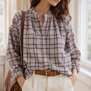 THE GREAT. Feminine Mauve Pink Plaid Ruffle Button Down Top | XS/S | Lightweight